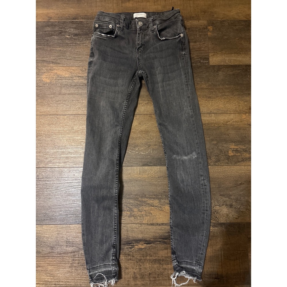 Zara Woman Premium Denim Black Skinny Jeans Distressed Raw Hem Size 6 25